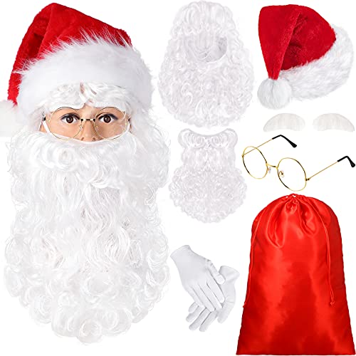 SATINIOR Weihnachtsmann Kostüm Set Enthält Weihnachtsmann Mütze Weihnachtsmann Bart Perücke mit Weiß Augenbrauen Weiß Winterhandschuhe Weihnachtsmann Brille Weihnachten Geschenkbeutel (Rot Beutel) von SATINIOR