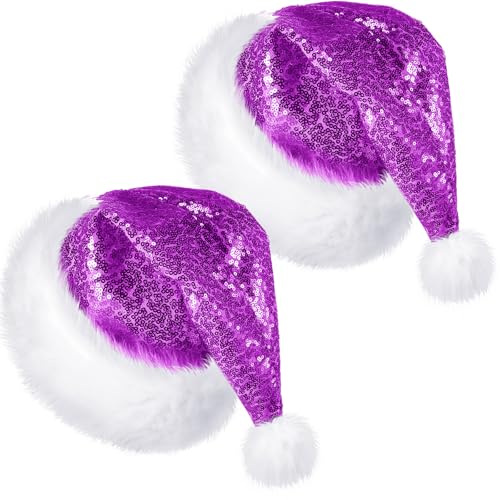 SATINIOR Weihnachtsmütze für Erwachsene, Pailletten, Unisex, Weihnachtsmannmütze, mit Futter und Plüschkrempe, für Damen und Herren, Violett, 2 Stück von SATINIOR