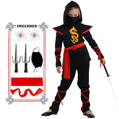SATKULL Halloween-Ninja-Kostüme für Kinder, Mädchen, Ninja-Kostüm-Set, Halloween-Ninja-Party, Verkleiden (Kinder, Größe L - 8/9T, Schwarz) von SATKULL