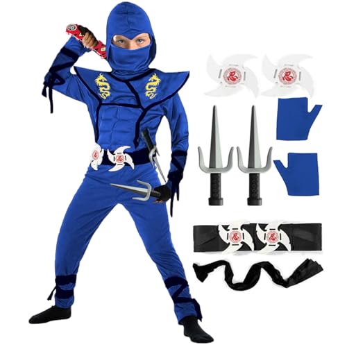 SATKULL Ninja-Kostüm für Kinder, Deluxe-Ninja-Kostüm-Set, Halloween, Ninjas, Verkleidungen mit Zubehör, Spielzeug für Jungen und Mädchen (Kinder-L-8/9T, Blau) von SATKULL