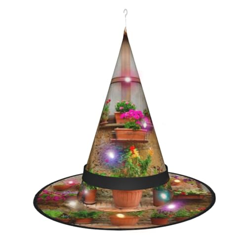 Street Wall With Flowers Print Halloween Decoration Witch Hat Light Up Witch Hat Hanging Lighted Glowing Witch Hat For Halloween Party Supplies von SATUSA