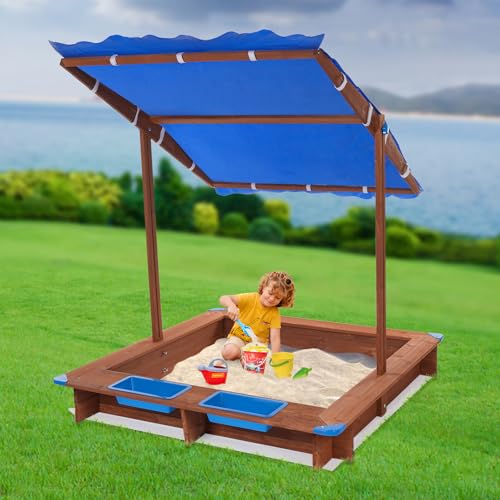 Kindersandkasten Holzsandkasten mit Abdeckung Sandkästen für den Garten für Hinterhöfe Gärten Strände oder Spielplätze Blau 126 * 121 * 118cm von SAUADY