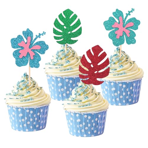 24stk Tropische Deko Geburtstag, Glitzer Aloha-Cupcake-Topper-Dekorationen Hawaii-Thema Partyzubehör für Babypartys und Geburtstagsfeiern von SAVITA