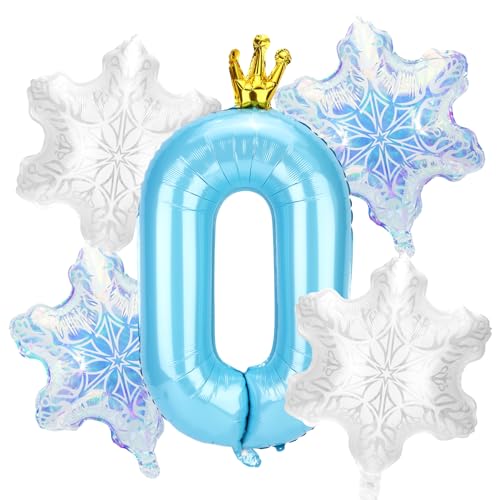 5stk Schneeballon-Dekorationen Geburtstagspartys, Blaue Zahlen und 4stk Schneeflockenballons Dekorationen und Gastgeschenke für Geburtstagspartys Winterwunderland Blaue Prinzessin(Nummer 0) von SAVITA