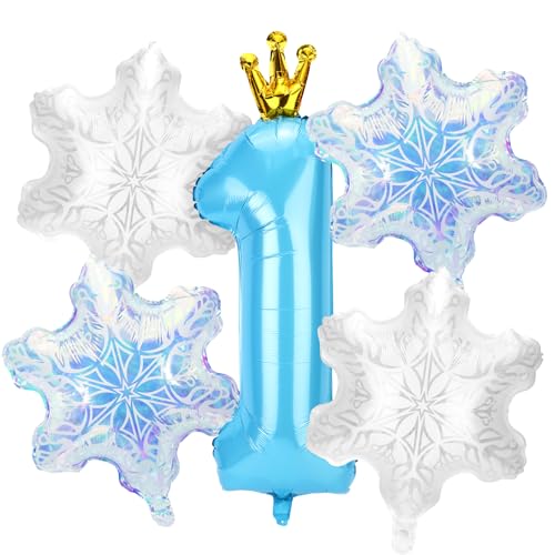 5stk Schneeballon-Dekorationen Geburtstagspartys, Blaue Zahlen und 4stk Schneeflockenballons Dekorationen und Gastgeschenke für Geburtstagspartys Winterwunderland Blaue Prinzessin(Nummer 1) von SAVITA
