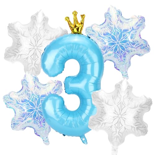 5stk Schneeballon-Dekorationen Geburtstagspartys, Blaue Zahlen und 4stk Schneeflockenballons Dekorationen und Gastgeschenke für Geburtstagspartys Winterwunderland Blaue Prinzessin(Nummer 3) von SAVITA