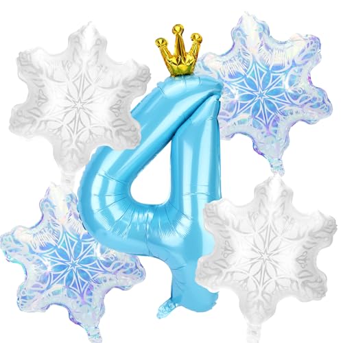 5stk Schneeballon-Dekorationen Geburtstagspartys, Blaue Zahlen und 4stk Schneeflockenballons Dekorationen und Gastgeschenke für Geburtstagspartys Winterwunderland Blaue Prinzessin(Nummer 4) von SAVITA
