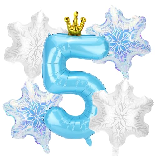 5stk Schneeballon-Dekorationen Geburtstagspartys, Blaue Zahlen und 4stk Schneeflockenballons Dekorationen und Gastgeschenke für Geburtstagspartys Winterwunderland Blaue Prinzessin(Nummer 5) von SAVITA