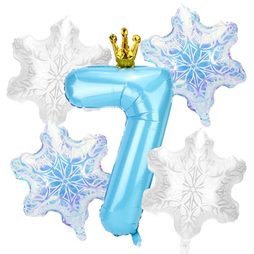 5stk Schneeballon-Dekorationen Geburtstagspartys, Blaue Zahlen und 4stk Schneeflockenballons Dekorationen und Gastgeschenke für Geburtstagspartys Winterwunderland Blaue Prinzessin(Nummer 7) von SAVITA