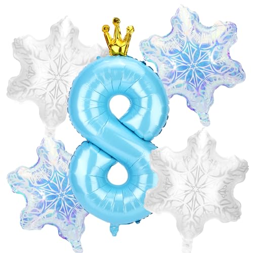 5stk Schneeballon-Dekorationen Geburtstagspartys, Blaue Zahlen und 4stk Schneeflockenballons Dekorationen und Gastgeschenke für Geburtstagspartys Winterwunderland Blaue Prinzessin(Nummer 8) von SAVITA