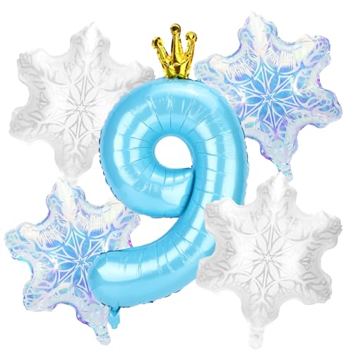 5stk Schneeballon-Dekorationen Geburtstagspartys, Blaue Zahlen und 4stk Schneeflockenballons Dekorationen und Gastgeschenke für Geburtstagspartys Winterwunderland Blaue Prinzessin(Nummer 9) von SAVITA