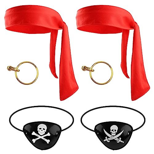 6St Piraten Party Zubehör, Einschließlich 2St Rote Piraten Stirnbänder, 2St Piraten Augenklappen und 2St Goldene Ohrringe, Piraten Accessoires Piraten Zubehör Set für Cosplay Party von SAVITA