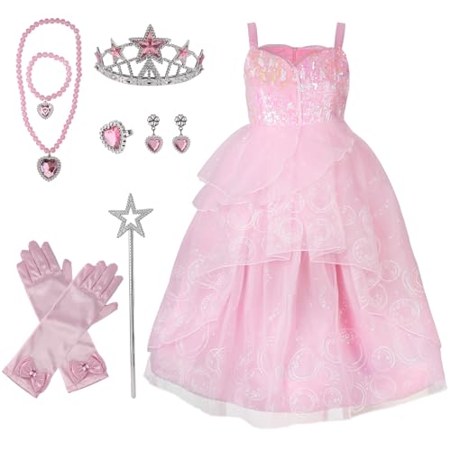 8stk Rosa Hexenkostüm Set für Mädchen, Gute Hexe Kostüm Inklusive Rosa Tüllkleid Zauberstab Krone Handschuhen Halskette Ring Ohrringen Armband für Halloween Rollenspiele(5-8 Jahre) von SAVITA