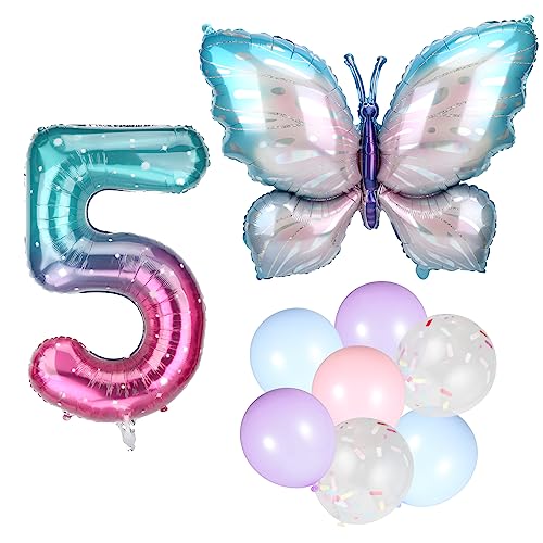 Butterfly Aluminum Film Balloon Set, Large Foil Gradient Number Balloon 38 Inch with Candy Colored Latex Balloons Confetti Balloon for Birthday Party Anniversary Graduation Decorations (5) von SAVITA