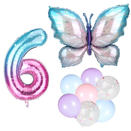 Butterfly Aluminum Film Balloon Set, Large Foil Gradient Number Balloon 38 Inch with Candy Colored Latex Balloons Confetti Balloon for Birthday Party Anniversary Graduation Decorations (6) von SAVITA