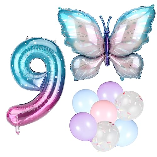 Butterfly Aluminum Film Balloon Set, Large Foil Gradient Number Balloon 38 Inch with Candy Colored Latex Balloons Confetti Balloon for Birthday Party Anniversary Graduation Decorations (9) von SAVITA