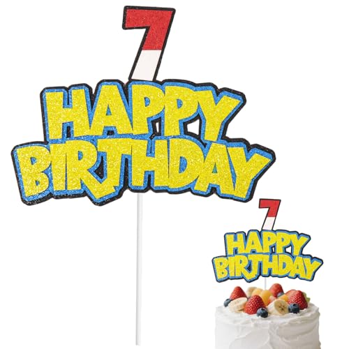 Cartoon-Geburtstagskuchenaufsatz, Glitzernde Rot-Weiße Zahl und Happy Birthday Schild Kuchendekoration Anime-Mottoparty Dekorationszubehör (Nummer 7) von SAVITA