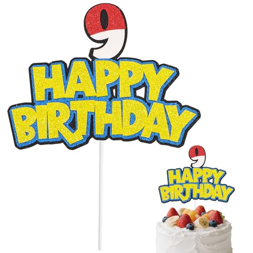 Cartoon-Geburtstagskuchenaufsatz, Glitzernde Rot-Weiße Zahl und Happy Birthday Schild Kuchendekoration Anime-Mottoparty Dekorationszubehör (Nummer 9) von SAVITA