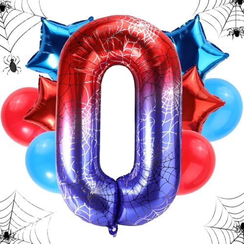 Geburtstagsballon-Set Spinnen, 120cm Großes Riesiges Folienspinnennetz & 4stk Stern- & 4stk Runde Rot-Blaue Ballons Dekorationen Gastgeschenke für Geburtstags-Cartoon-Mottopartys(Zahl 0) von SAVITA