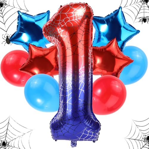 Geburtstagsballon-Set Spinnen, 120cm Großes Riesiges Folienspinnennetz & 4stk Stern- & 4stk Runde Rot-Blaue Ballons Dekorationen Gastgeschenke für Geburtstags-Cartoon-Mottopartys(Zahl 1) von SAVITA