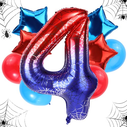Geburtstagsballon-Set Spinnen, 120cm Großes Riesiges Folienspinnennetz & 4stk Stern- & 4stk Runde Rot-Blaue Ballons Dekorationen Gastgeschenke für Geburtstags-Cartoon-Mottopartys(Zahl 4) von SAVITA