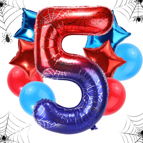 Geburtstagsballon-Set Spinnen, 120cm Großes Riesiges Folienspinnennetz & 4stk Stern- & 4stk Runde Rot-Blaue Ballons Dekorationen Gastgeschenke für Geburtstags-Cartoon-Mottopartys(Zahl 5) von SAVITA