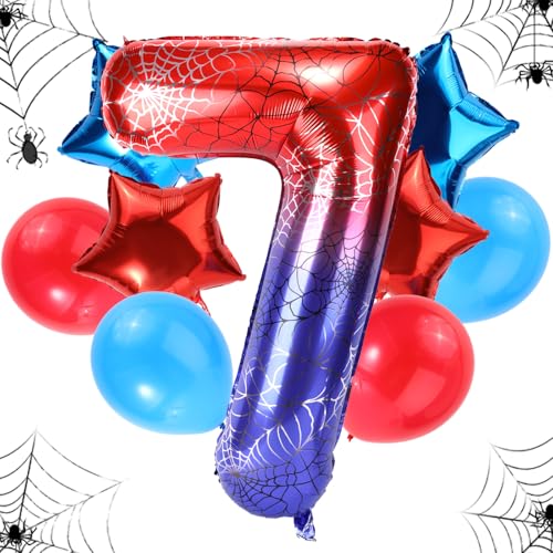 Geburtstagsballon-Set Spinnen, 120cm Großes Riesiges Folienspinnennetz & 4stk Stern- & 4stk Runde Rot-Blaue Ballons Dekorationen Gastgeschenke für Geburtstags-Cartoon-Mottopartys(Zahl 7) von SAVITA