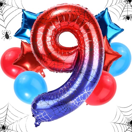 Geburtstagsballon-Set Spinnen, 120cm Großes Riesiges Folienspinnennetz & 4stk Stern- & 4stk Runde Rot-Blaue Ballons Dekorationen Gastgeschenke für Geburtstags-Cartoon-Mottopartys(Zahl 9) von SAVITA