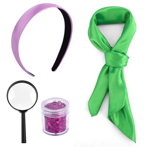 Kostümzubehör Set für Damen, Inklusive Lila Stirnband Grünem Schal LUPE und Körperpailletten Klassisches Cosplay Outfit für Zeichentrickfiguren Halloween Cosplay Zubehör von SAVITA