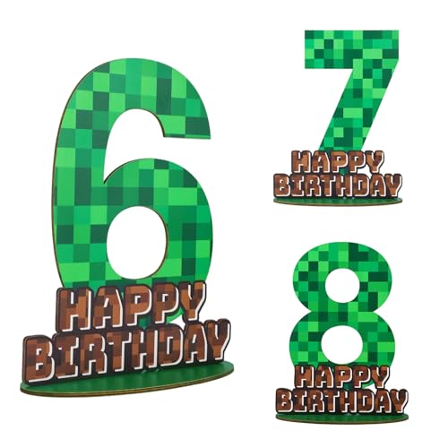 Pixel-Geburtstagszahlenschild als Tafelaufsatz, Grüne und Braune Tischdekoration aus Holz mit Sockel Kreative Geburtstagsparty Dekorationen (Zahl 6) von SAVITA