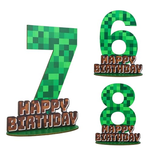 Pixel-Geburtstagszahlenschild als Tafelaufsatz, Grüne und Braune Tischdekoration aus Holz mit Sockel Kreative Geburtstagsparty Dekorationen (Zahl 7) von SAVITA