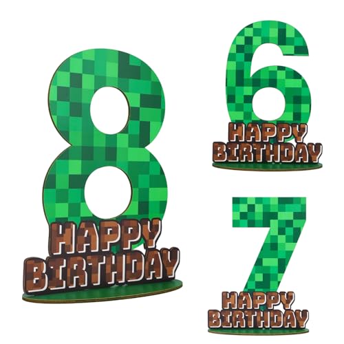 Pixel-Geburtstagszahlenschild als Tafelaufsatz, Grüne und Braune Tischdekoration aus Holz mit Sockel Kreative Geburtstagsparty Dekorationen (Zahl 8) von SAVITA