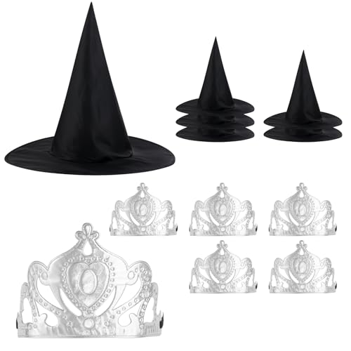 SAVITA 10stk Set Prinzessinnenkronen und Hexenhüten, Enthalten 5stk Silbernen Prinzessinnenkronen mit Gummiband und 5stk Schwarzen Hexenhüten mit Draht für Halloween Cosplay Kostüm Zubehör SAVITA 10stk Set Prinzessinnenkronen und Hexenhüten, Enthalten 5stk Silbernen Prinzessinnenkronen mit Gummiband und 5stk Schwarzen Hexenhüten mit Draht für Halloween Cosplay Kostüm Zubehör von SAVITA