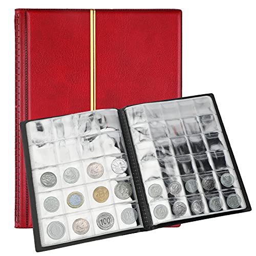 SAVITA 250 Taschen Münzalbum 10 Seiten Ledermünzen Sammelbuch Penny Sammelbuch für Münzsammler (Rot) von SAVITA