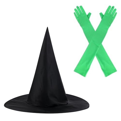 SAVITA 2stk Hexen Kostüm Zubehör Set, Enthalten 1stk Schwarzen Hexen Hüte mit Draht und 1 Paar Grüne Handschuhe Lang für Halloween-Partys Verkleidungsabende Cosplay Kostümrequisiten von SAVITA