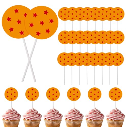 SAVITA 30 Stück Kuchendekorationen mit Cartoon Motiven, Orange Rote Kuchendekorationen aus Karton mit Cupcake Toppern Stern Anime Motiven für Geburtstagsparty Dekoration von SAVITA