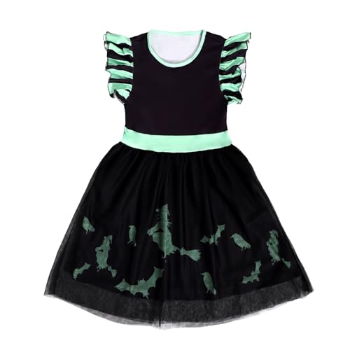 SAVITA Grün-Schwarzes Mädchen Hexen Kostüm, Hexenkleid Kinder aus Milchfaser mit Organza-Saum für Halloween-Partys Cosplay-Abende Themenpartys Comic-Con(8-10 Jahre) von SAVITA