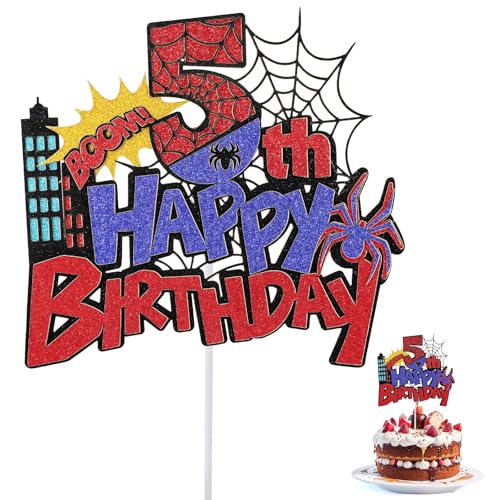 Spider Geburtstag Tortenaufsatz, Langlebiger Glitzer Rot-Blaue Spinnen Cartoon Geburtstagskuchen Dekoration Geeignet für Jungen und Mädchen (Nummer 5) von SAVITA
