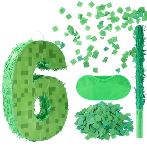 Zahlen-Mini-Pixel-Piñata, Grüne Pixel-Geburtstagsparty-Dekorationen mit Stab Augenbinde Konfetti Piñata-Party-Set für Geburtstagsparty-Dekorationen (6) von SAVITA