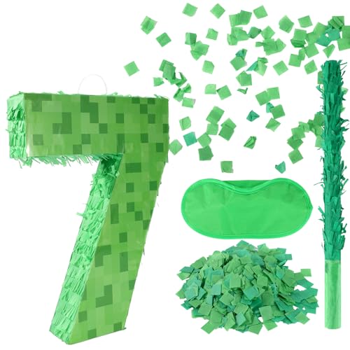 Zahlen-Mini-Pixel-Piñata, Grüne Pixel-Geburtstagsparty-Dekorationen mit Stab Augenbinde Konfetti Piñata-Party-Set für Geburtstagsparty-Dekorationen (7) von SAVITA