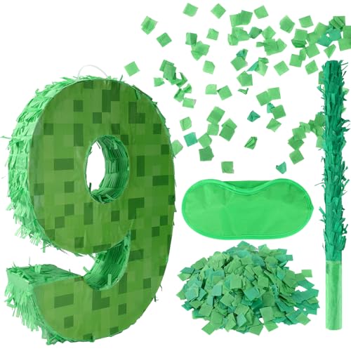 Zahlen-Mini-Pixel-Piñata, Grüne Pixel-Geburtstagsparty-Dekorationen mit Stab Augenbinde Konfetti Piñata-Party-Set für Geburtstagsparty-Dekorationen (9) von SAVITA
