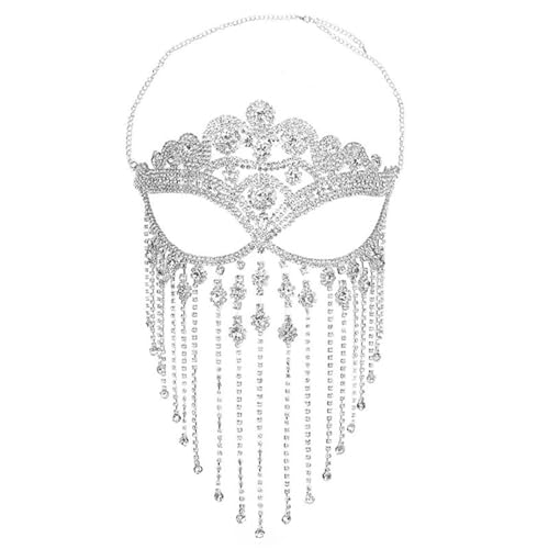 Gesichtskette, Quaste, Maskerade, Gesichtsschleier, Party, Halloween, Damen, handgefertigte Kristallmaske (Farbe: Silber) von SAVOMA