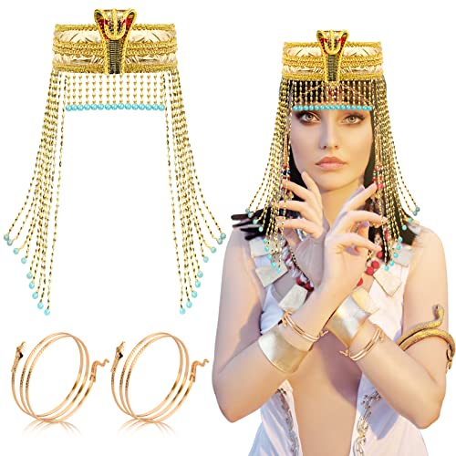 SAVOSWEET 3 Stück Ägyptische Kostümzubehör Ägyptische Kobra-Stirnband, Krone der Königin von Ägypten, Goldenes Schlangenarmband, Schlangenarmmanschette, Kleopatra-Kostüm der Königin des Nils von SAVOSWEET