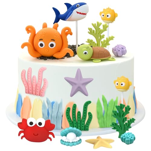 SAYHALO 17 Stück Ozean Tortendeko Set – Unterwasserwelt Kuchendeko, 3D Cake Topper für Kindergeburtstag & Baby Party, Meeres Tiere Party Supplies von SAYHALO