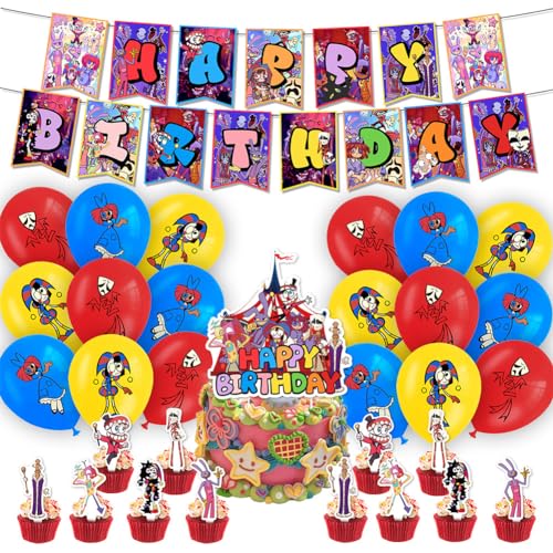34PCS Digital sthema Ballons,Digital Party Dekorationen, Digital Cartoon Anime Geburtstag Dekoration Set, Happy Birthday Banner, Cupcake Toppers, Tischdecke, Geburtstagsdeko Mädchen Jungen von SBJJGQIS