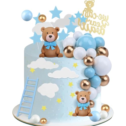 24 PCS Teddybär Kuchen Dekoration Kuchen Deko Mädchen Tortendeko Blau&Gold Babyparty Torten Deko DIY Tortendeko Hochzeit für Hochzeit Hochzeitstag Geburtstag Babyparty von SBOACXC