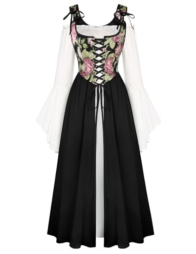 Damen Wiking Zweiteiliges Kleid Mittelalterliche A Linie Fasching Zigeuner Kostüm Schwarz 46 von SCARLET DARKNESS