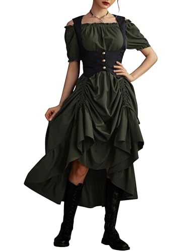SCARLET DARKNESS Damen Gothic Maxikleid Halloween Karneval mit Korsett Fasching Wikinger Kostüm Olivgrün S von SCARLET DARKNESS