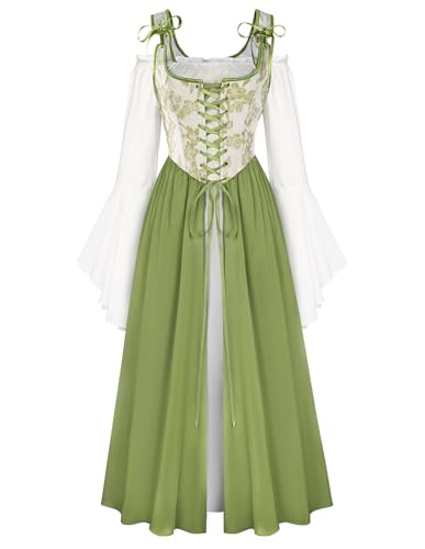 SCARLET DARKNESS Damen Gothic Piraten Kostüm Cosplay Halloween Karneval Festlich Milkmaid Kleid Gelb Grün 44 von SCARLET DARKNESS