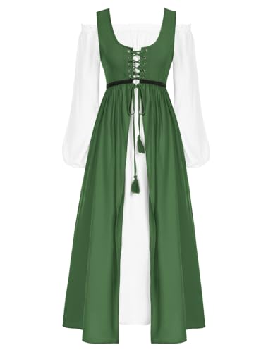 SCARLET DARKNESS Frauen Renaissance Kleid Bauer Mittelalter Kleid Langarm Maxikleid, Dunkelgrün, Mittel von SCARLET DARKNESS
